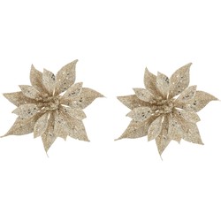2x stuks decoratie bloemen roos champagne glitter op clip 10 cm - Kunstbloemen
