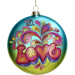 Ornament kerstbal Disc Love Glas Blauw 10.8 cm