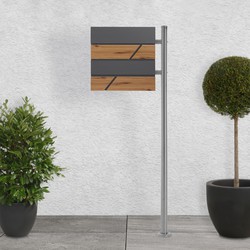 Staande brievenbus met krantenvak 37x36,5x11 cm antraciet/houtlook gemaakt van staal ML design, modern horizontaal ontwerp, stahoogte 120 cm zilver