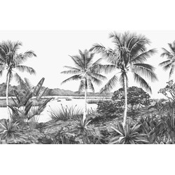 ESTAhome fotobehang tropisch landschap met palmbomen zwart wit - 4,185 x 2,79 m - 158901