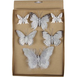 6x stuks Kerstversiering vlinders op clip grijs 5, 8, 12 cm - Kersthangers