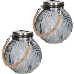2x stuks grijze solar lantaarn van gestreept glas rond 16 cm - Lantaarns