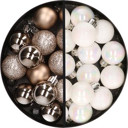 34x stuks kunststof kerstballen champagne en parelmoer wit 3 cm - Kerstbal