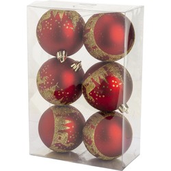 Cosy @ Home kerstballen gedecoreerd 6x - 8 cm - kunststof -rood/goud - Kerstbal