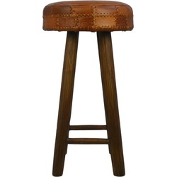 HSM Collection-Ronde Barstoel Patchwork-40x40x75-Cognac/Bruin-Leder/Teak