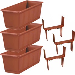 Set van 3 kunststof plantenbakken terracotta rechthoekig 40 cm met 6 verstelbare balkon/muurbeugels - Plantenbakken