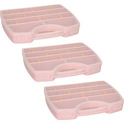 Plasticforte Opbergkoffertje/opbergdoos/sorteerbox - 3x - 13-vaks - kunststof - roze - 25 x 21 x 4 cm - Opbergbox