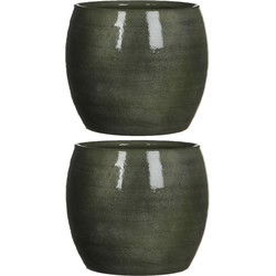 Mica Decorations Bloempot - 2x - glanzend groen - keramiek - 16 x 14 cm - Plantenpotten