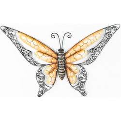 Anna's Collection Wanddecoratie vlinder - oranje - 36 x 21 cm - metaal - muurdecoratie/schutting - Tuinbeelden