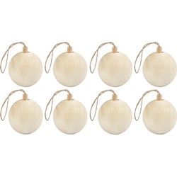 8x Kerstballen hangdecoraties van licht hout 6,4 cm - Kerstbal