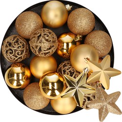 16x stuks kerstballen 6 cm met 6x st sterren kersthangers goud kunststof - Kerstbal