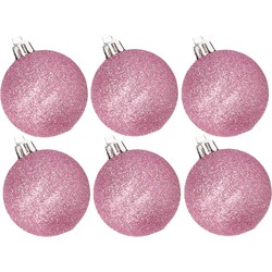 6x stuks kunststof glitter kerstballen roze 6 cm - Kerstbal