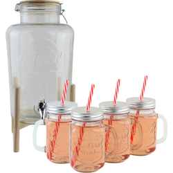 OTIX Drankdispenser - met Drinkbekers - Limonadetap - met Houten Houder - 8l - Mason jar - Set van 4