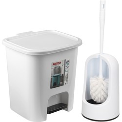 WC-/toiletborstel en houder - wit - met kleine pedaalemmer 7.5 liter - Badkameraccessoireset