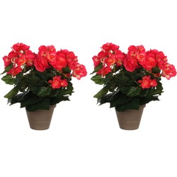 2x stuks donkerroze Begonia kunstplant 30 cm in grijze pot - Kunstplanten