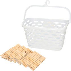 Wasknijpersmandje met haak - wit - en 100x houten wasknijpers 7 cm - Knijpers
