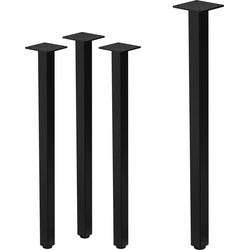 Set van 4 tafelpoten I-Design 72 cm glanzend zwart gepoedercoat staal vierkant profiel 4x4 cm In hoogte verstelbare meubelpoten 1-4 cm