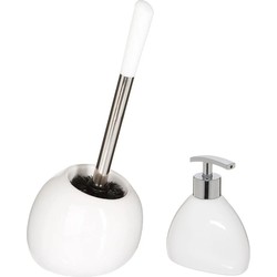 WC-/toiletborstel en houder - wit - met zeeppompje 300 ml - Badkameraccessoireset