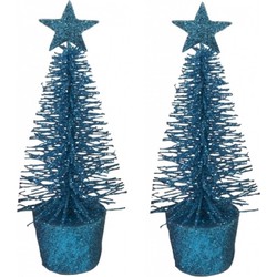 Kerstboompje - 2x - blauw - klein - 15 cm - kerstversiering - Kunstkerstboom