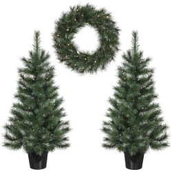 Black Box Trees Glendon Set van 2 Kerstbomen en 1 Krans met LED Verlichting - Groen