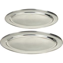 Excellent Houseware serveerschalen set - 2x stuks - ovaal - zilver - rvs - dia 40 en 45 cm - Serveerschalen