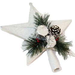 Kunststof kerstboom ster piek wit 21 cm - Kerstpieken met decoratie - kerstboompieken