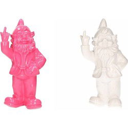 Tuinkabouters - 2x - roze/wit - polystone - 30 cm - middelvinger - Tuinbeelden