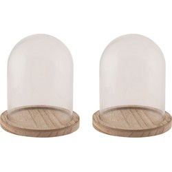 Glazen decoratie stolp op houten plateau - 2x - D10 x H16 cm - Decoratieve stolpen