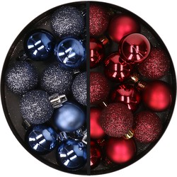 34x stuks kunststof kerstballen donkerblauw en donkerrood 3 cm - Kerstbal