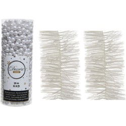 Kerstversiering set van 2x stuks folieslingers en 1x stuks kralenslingers wit - Kerstslingers