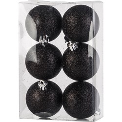 6x Kunststof kerstballen glitter zwart 6 cm kerstboom versiering/decoratie - Kerstbal