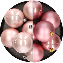 12x stuks kunststof kerstballen 8 cm mix van lichtroze en velvet roze - Kerstbal
