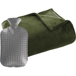 Fleece deken/plaid Olijf groen 125 x 150 cm en een warmwater kruik 2 liter - Plaids