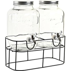 Drank dispensers - set van 2x stuks - 4 liter - glas - in houder met metalen kraantje - Drankdispensers