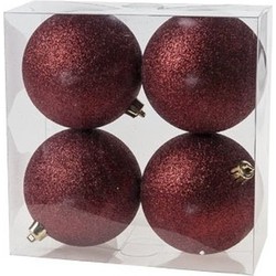 4x Kunststof kerstballen glitter donkerrood 10 cm kerstboom versiering - Kerstbal