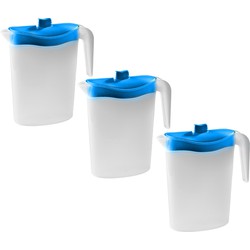 3x Smalle kunststof koelkast schenkkannen 1,5 liter met blauwe deksel - Schenkkannen