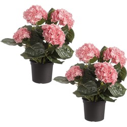 Set van 2x stuks roze hortensia Hydrangea kunstplanten in zwarte kunststof pot 44 cm - Kunstplanten