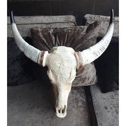 Buffel schedel skull bedrukt - Skull voor aan de muur - Dierenhoofd - Schedel decoratie - Skull - Skull gegraveerd - Grijs - 68 cm