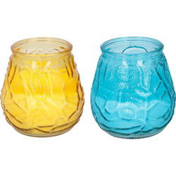 Arti Casa 4x stuks citronella Lowboy tafelkaarsen - 10 cm - geel en blauw glas - geurkaarsen
