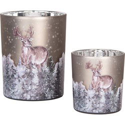 Clayre & Eef Theelichthouder Set van 2 Ø 7x8 / 10x13 cm Grijs Glas Hert