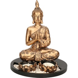Boeddha beeld met waxinelichthouders goud/zwart voor binnen 20 cm - Beeldjes