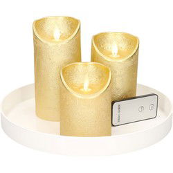 Ronde kaarsenplateau wit van kunststof D27 cm met 3 gouden LED-kaarsen 10/12,5/15 cm - Kaarsenplateaus