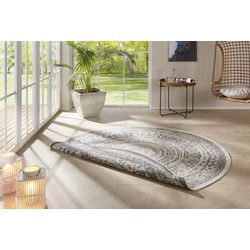 Laagpolig Rond Vloerkleed - Omkeerbaar Binnen en Buitenkleed - Grijs / Creme - 140cm rond Ø