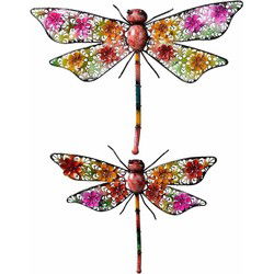 Metalen tuinlibelle - 2x - multikleur - metaal - wanddecoratie - Tuinbeelden