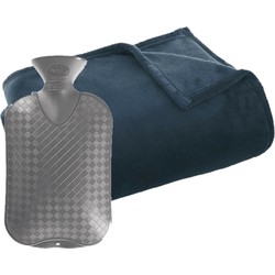 Fleece deken/plaid donkerblauw 125 x 150 cm en een warmwater kruik 2 liter - Plaids