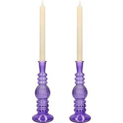 Kaarsen kandelaar Florence - 2x - paars glas - ribbel - D8,5 x H23 cm - kaars kandelaars