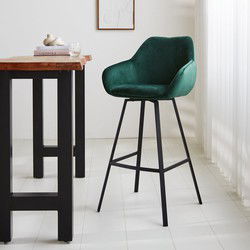 Draaibare Barkruk Groen Velvet Elise - Met Armleuning - Zithoogte 79 cm
