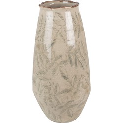 Clayre & Eef Vaas  Ø 13x26 cm Groen Beige Keramiek Bladeren Decoratie Vaas