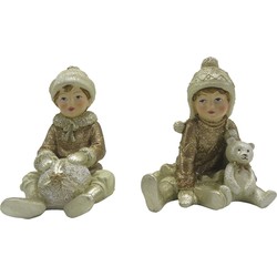 Clayre & Eef Beeld set van 2 Kinderen 9 cm Goudkleurig Kunststof Decoratief Figuur Decoratieve Accessoires Kerstdecoratie voor Binnen