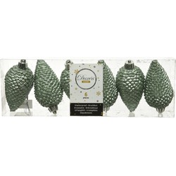 Decoris Kersthangers dennenappels - 6x st - groen - glitter - 8 cm - Kersthangers